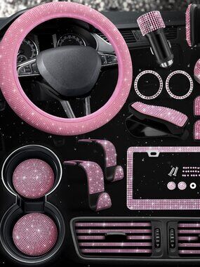 27 Pieces Pink Bling Car Accessories for Interior Styling Rhinestone Details